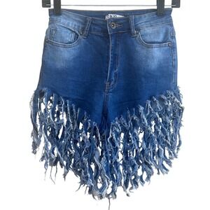 JC & JQ Blue Denim High Waisted Fringe Tassel Shorts HS2309 Medium Wash Womens S